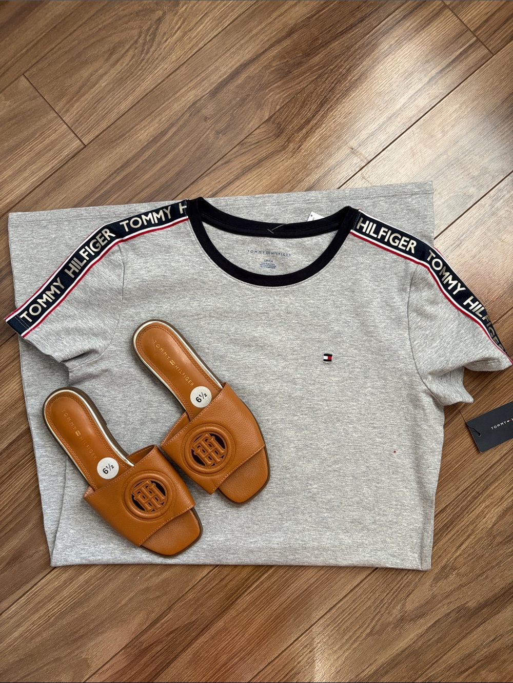 Tommy Hilfiger Heather Gray Tee Dress with Navy & Red Trim with Sandals